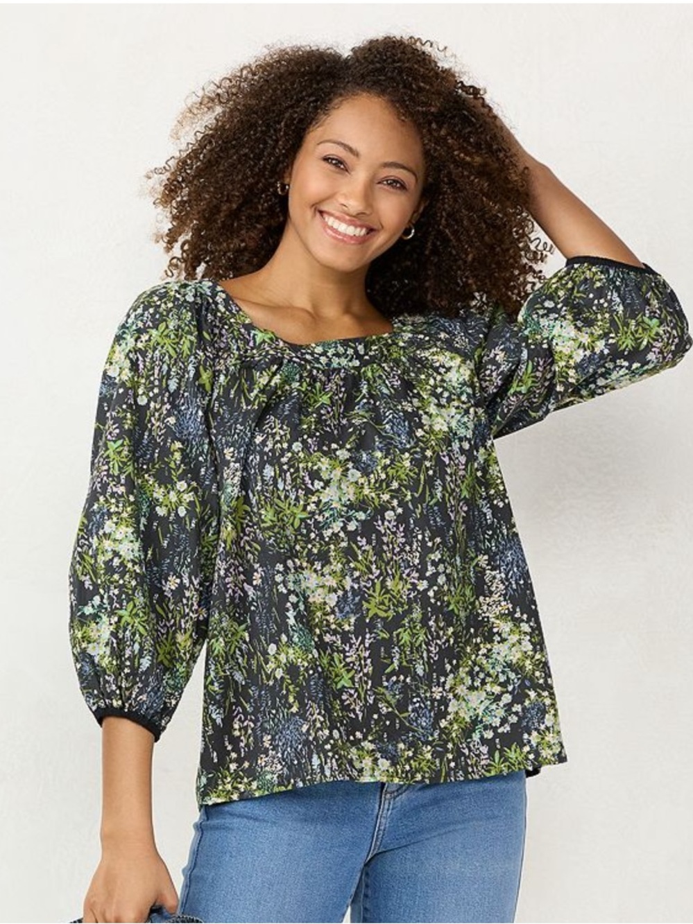 LC Lauren Conrad Floral Square Neck Blouse Fall Autumn Green Accents - Size L